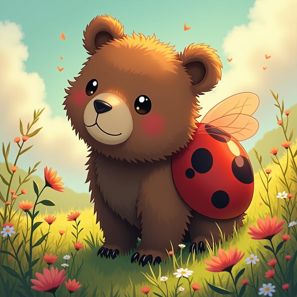 Anime-Style Bear Ladybug Fusion in Sunny Meadow