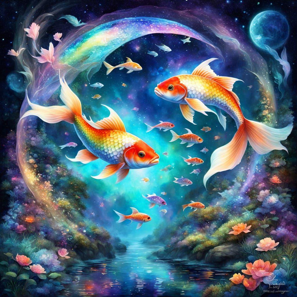 pisces, zodiac, stars, koi glittery rainbow scales sparkly n...