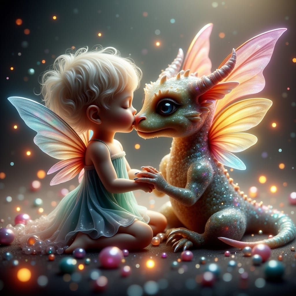 Baby Fairy and Dragon Kiss: Fantasy Concept Art