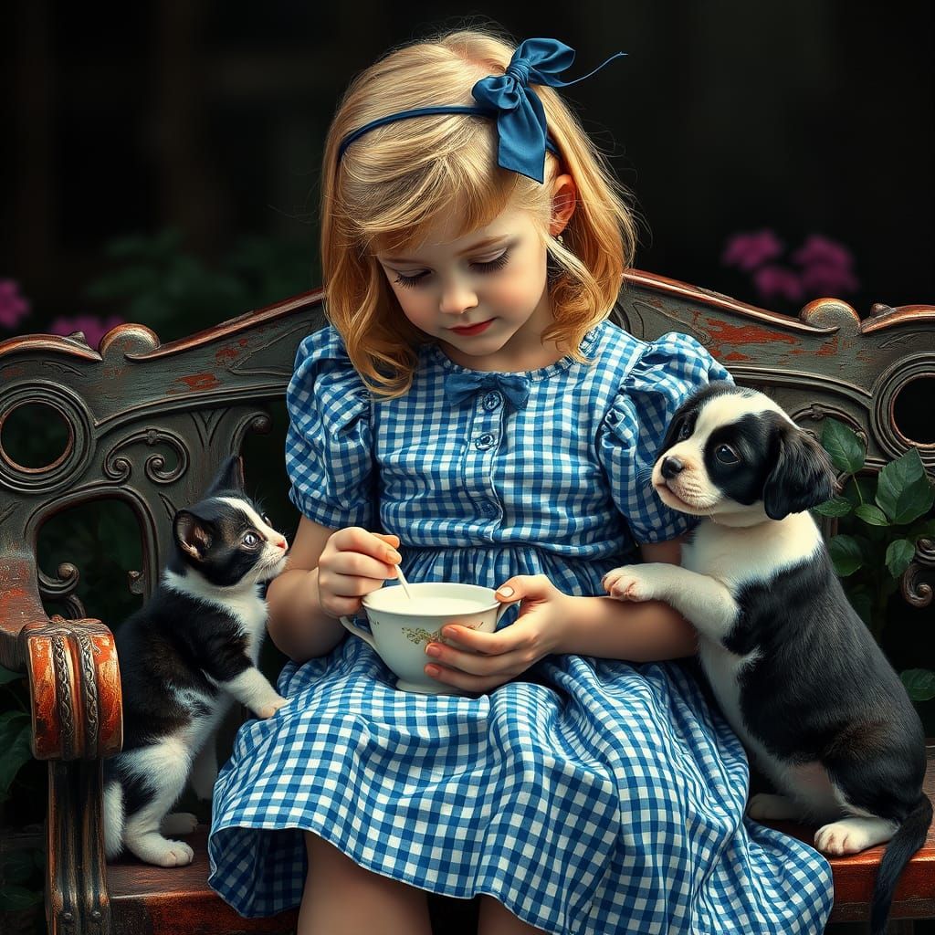 Vintage Oil Painting of Blonde Girl with Kitten and Puppy