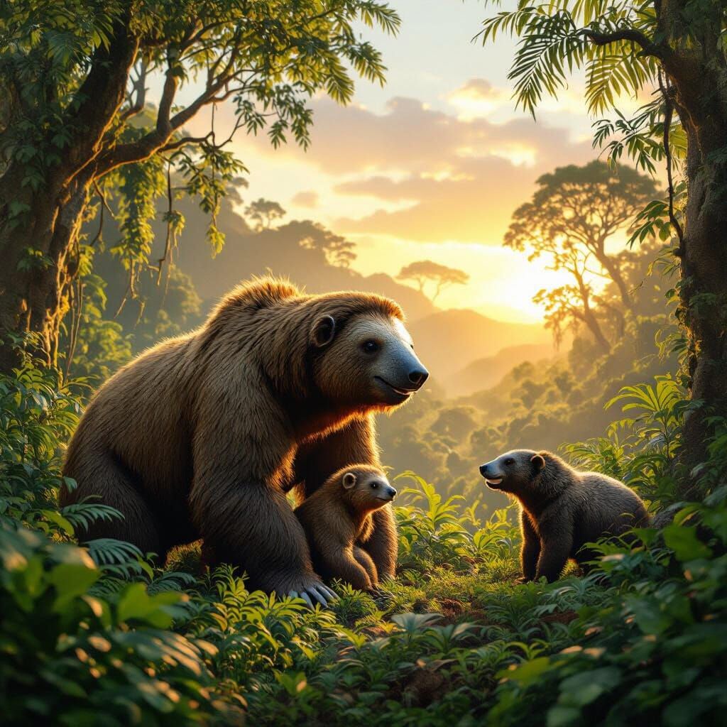 Pleistocene Rainforest: Giant Sloth Protecting Young
