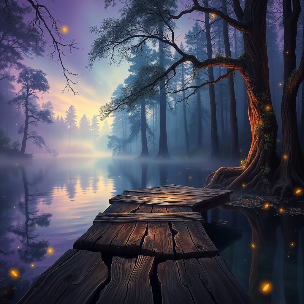 Misty Twilight Forest Lake with Ancient Dock