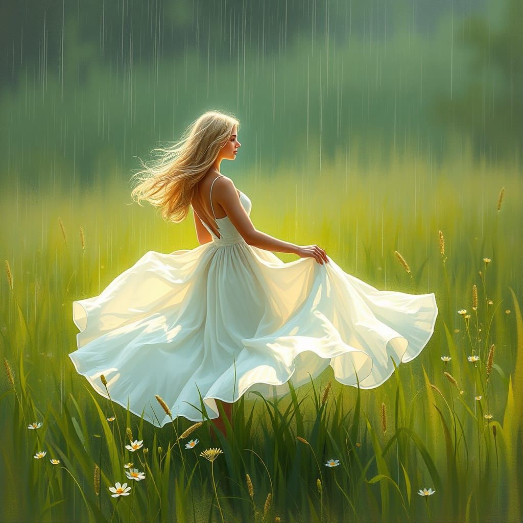 Woman Dancing in Summer Rain: Impressionistic Style