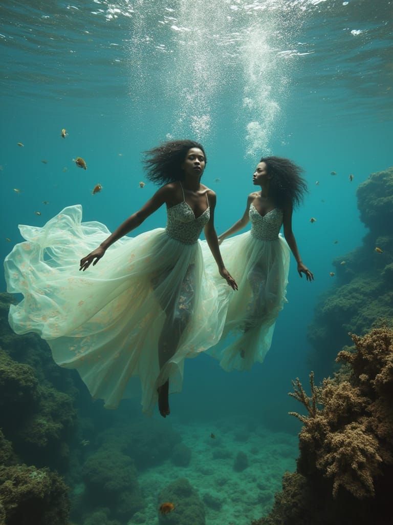 Elegant Black Women Swim Underwater in Iridescent Gowns