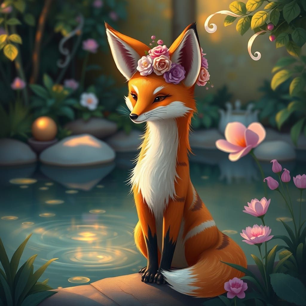 Elegant Whimsical Fox in Boho Garden with Dreamy Pastel High...