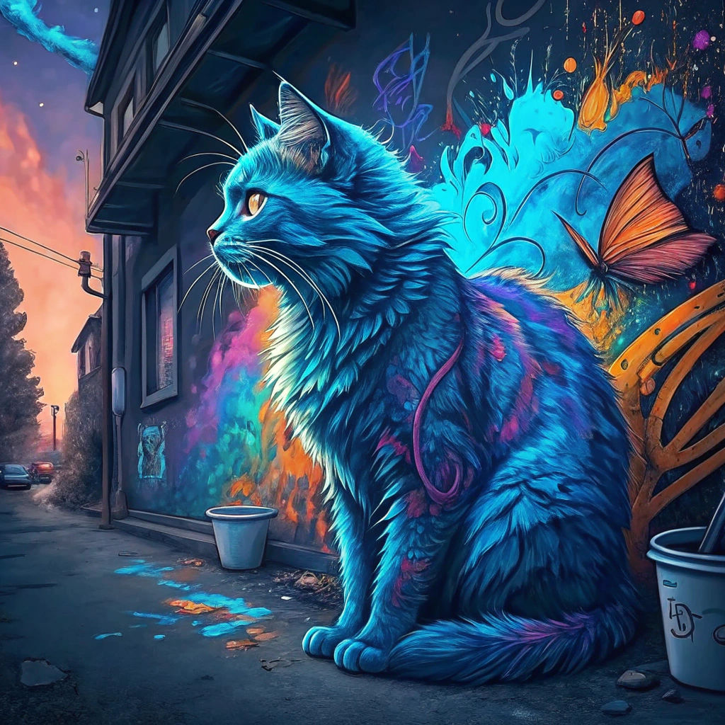 Blue Fluffy Cat in Graffiti Street Art