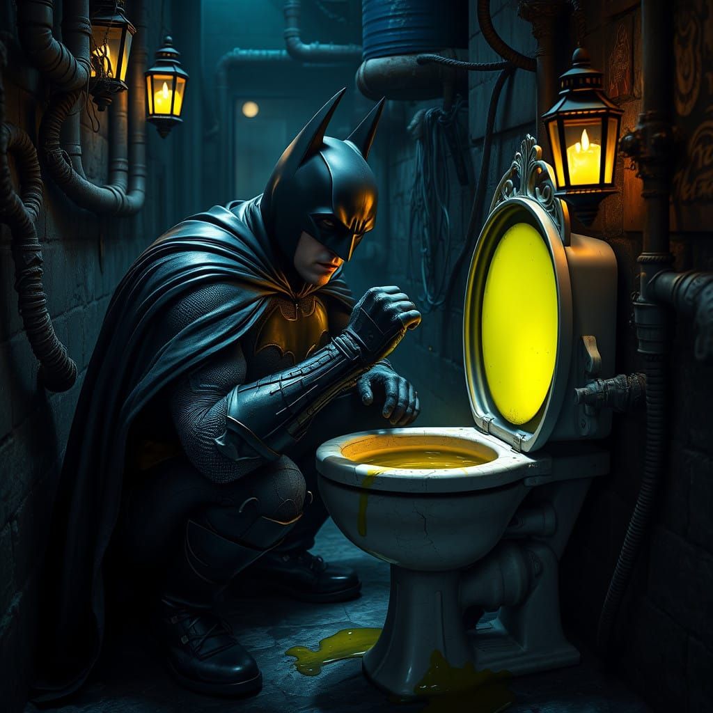 Batman Drinks from a Grimy Toilet in a Dark, Gothic Alleyway