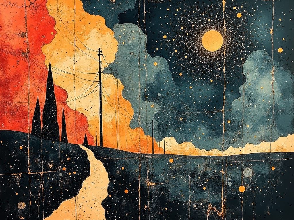 Majestic Fireworks Over Surreal Power Lines