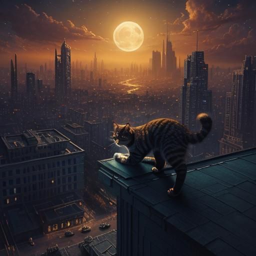 Cat Climbing Rooftops in Moonlit Cityscape