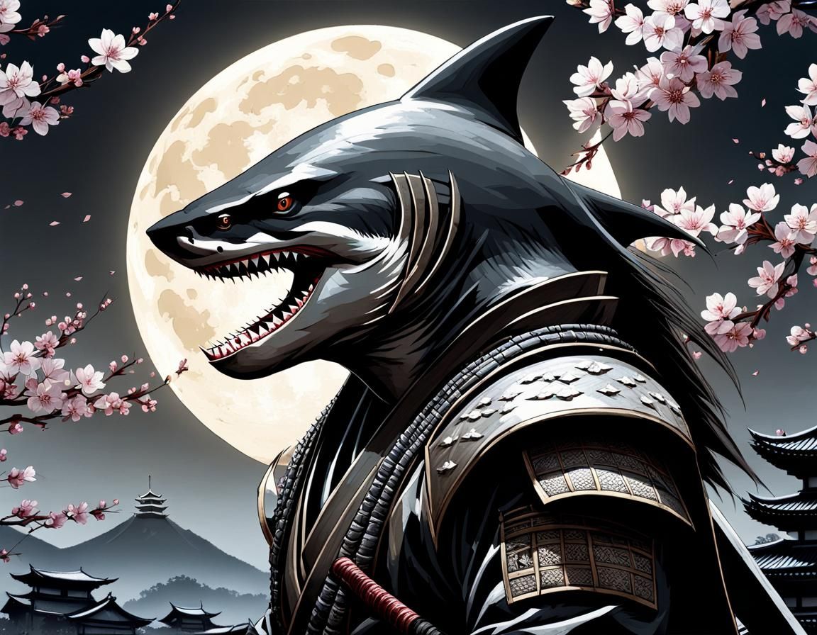 Elegant Ninja Shark Shinobi in Marquetry Style