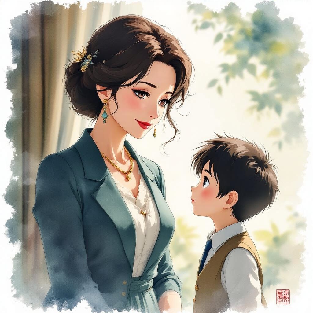 Elegant Woman Inspires Boy, Dreamy Anime Style