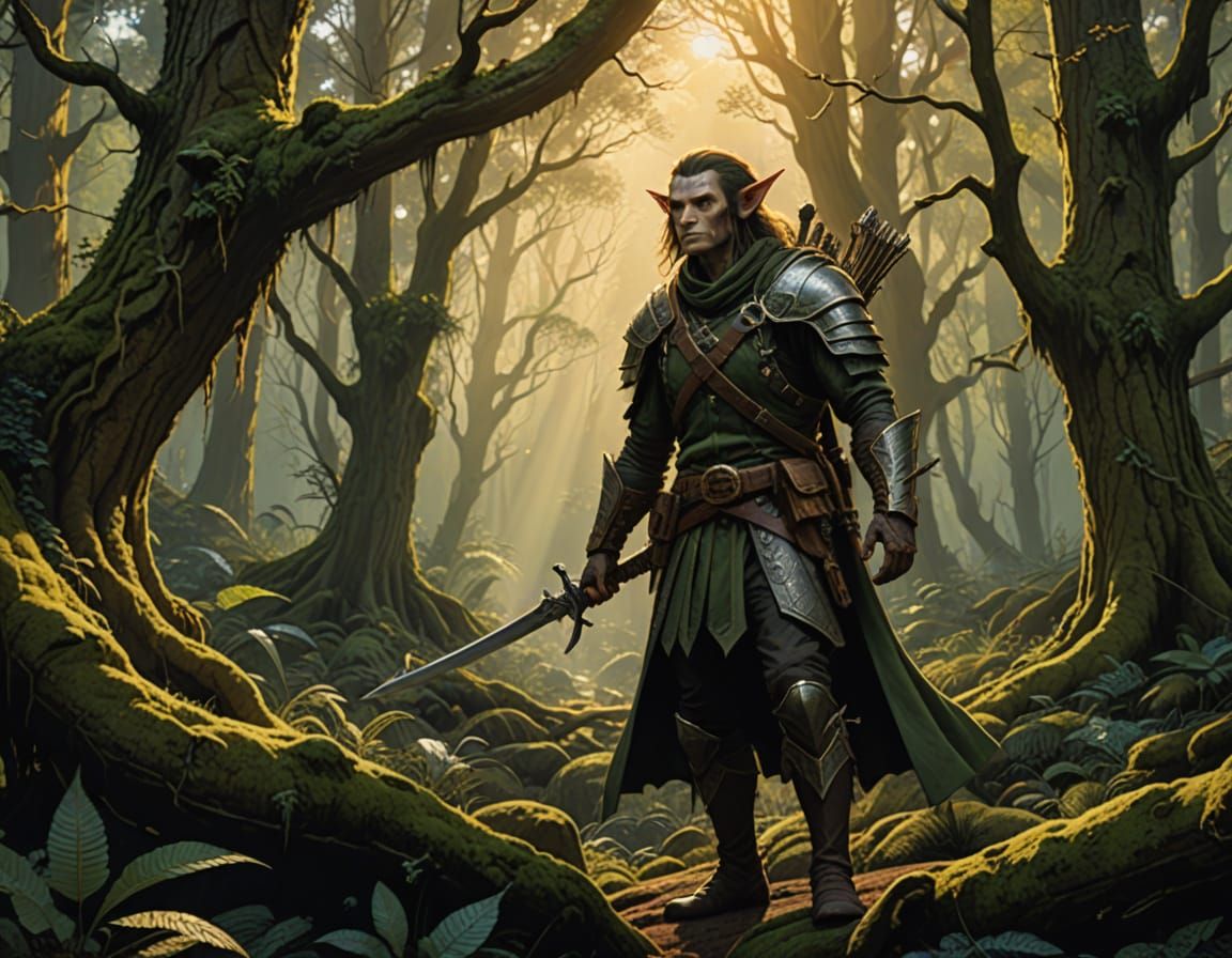 Wood Elf Rogue in Dappled Forest Light - Fantasy Art