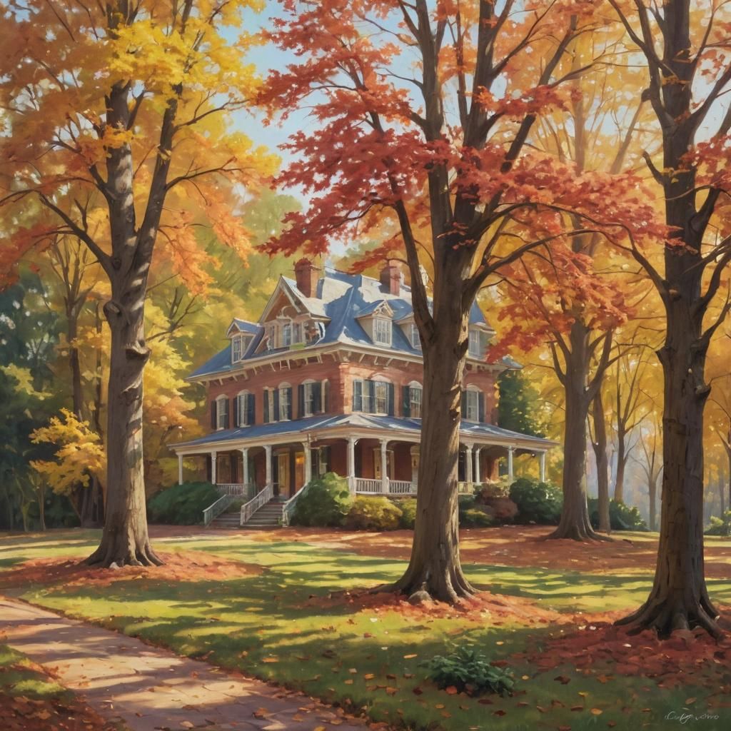 Abandoned mansion surrounded by fall foliage and large trees in the style of Bob Ross