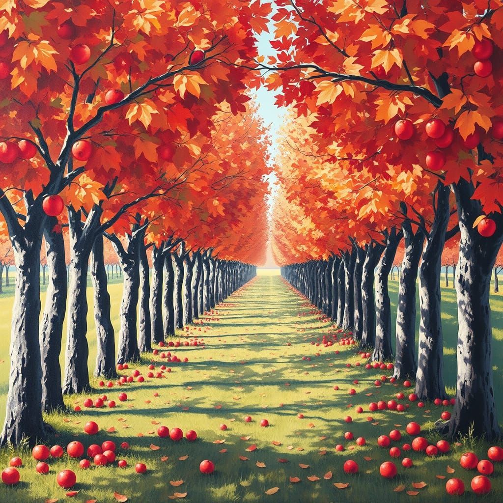 Vibrant Autumn Orchard in Gouache Impasto Style