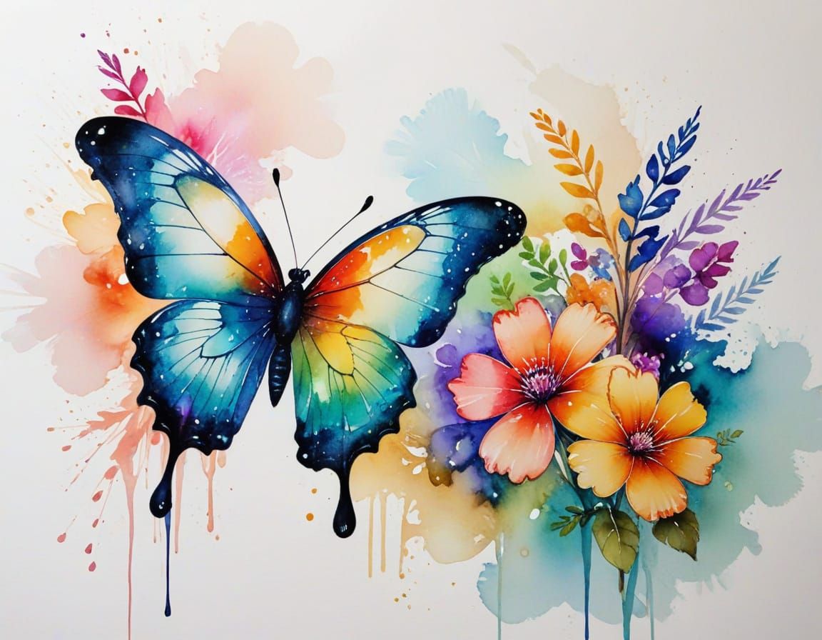 Vibrant Floral Butterfly in Minimalist Wet-on-Wet Style