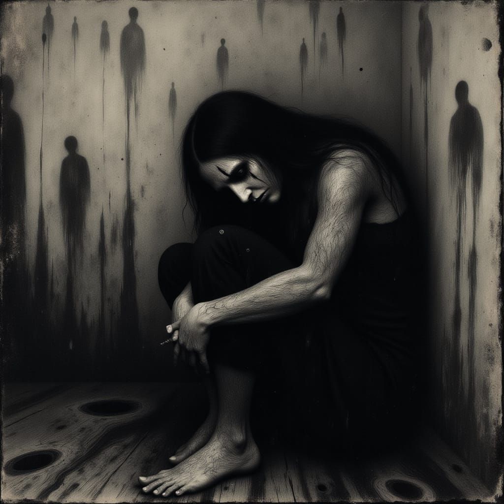 Haunting Dark Fantasy Portrait of a Woman Surrounded by Shad...