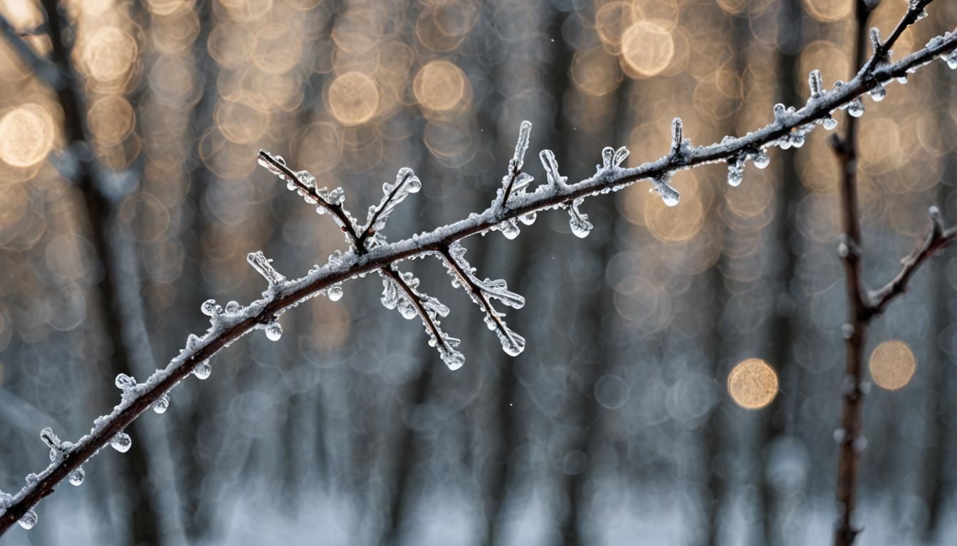 Delicate Ice Crystals on Snowy Twig: Macro Photography