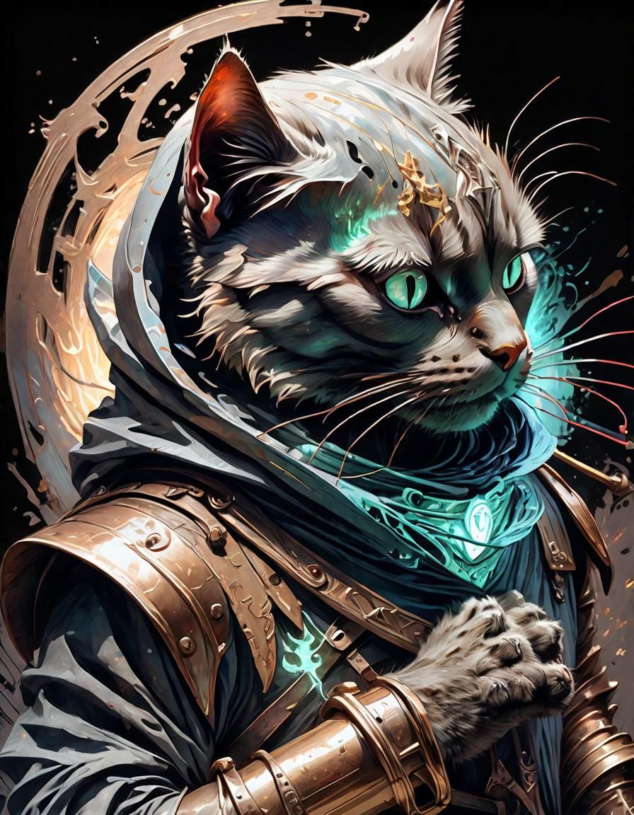 Furious Knight Cat in Dark Dungeon, Leyendecker Style