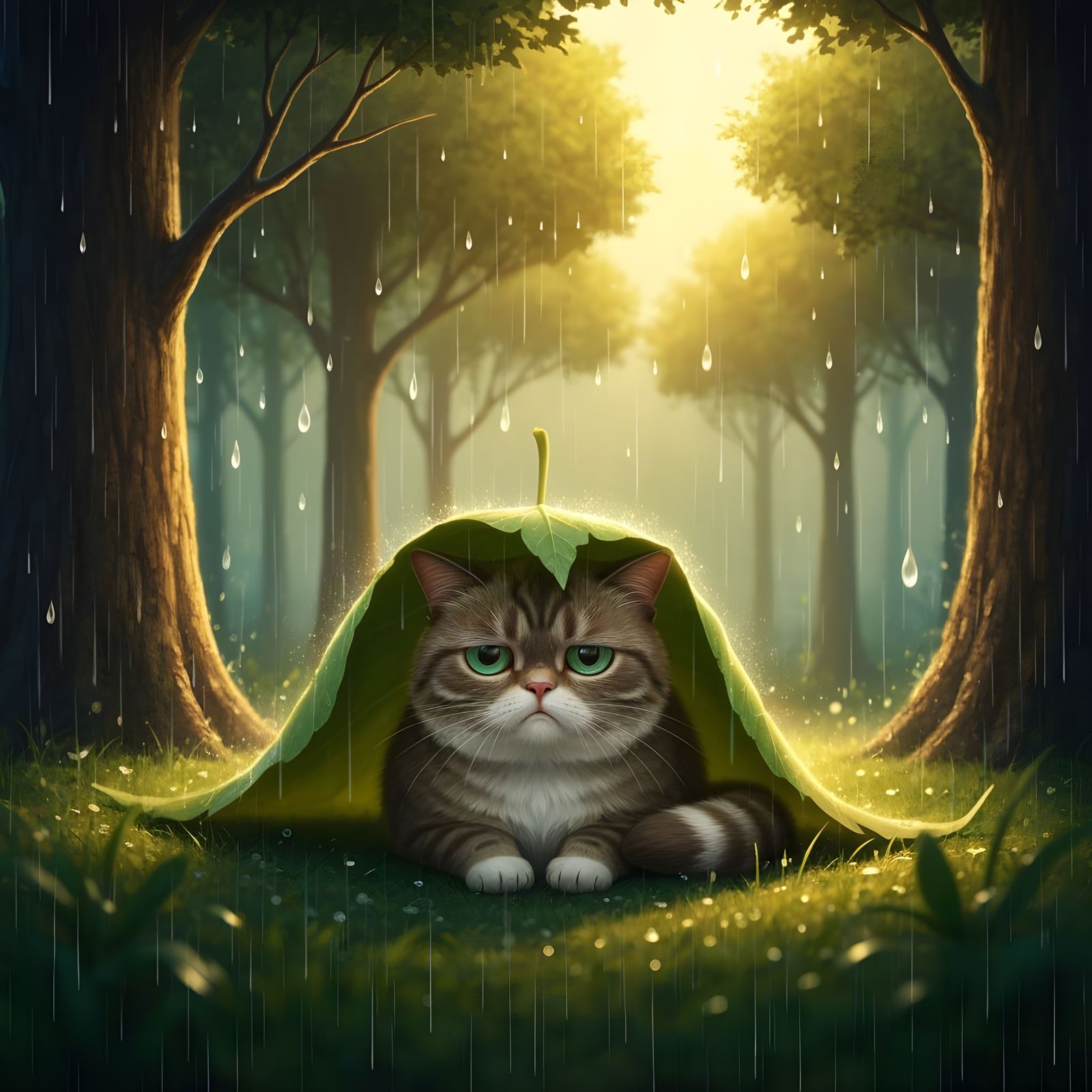 Sad Cat Under Leaf in Summer Rain