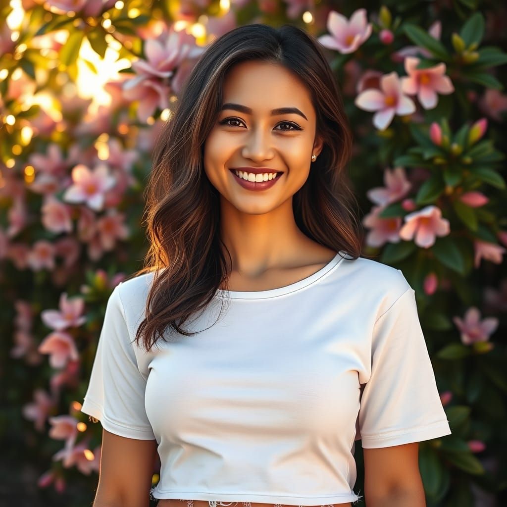 European Woman Surrounded by Camelia Bush in Soft Light
