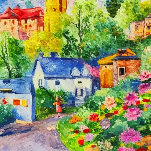 Fairy Town in Gouache Style Watercolor