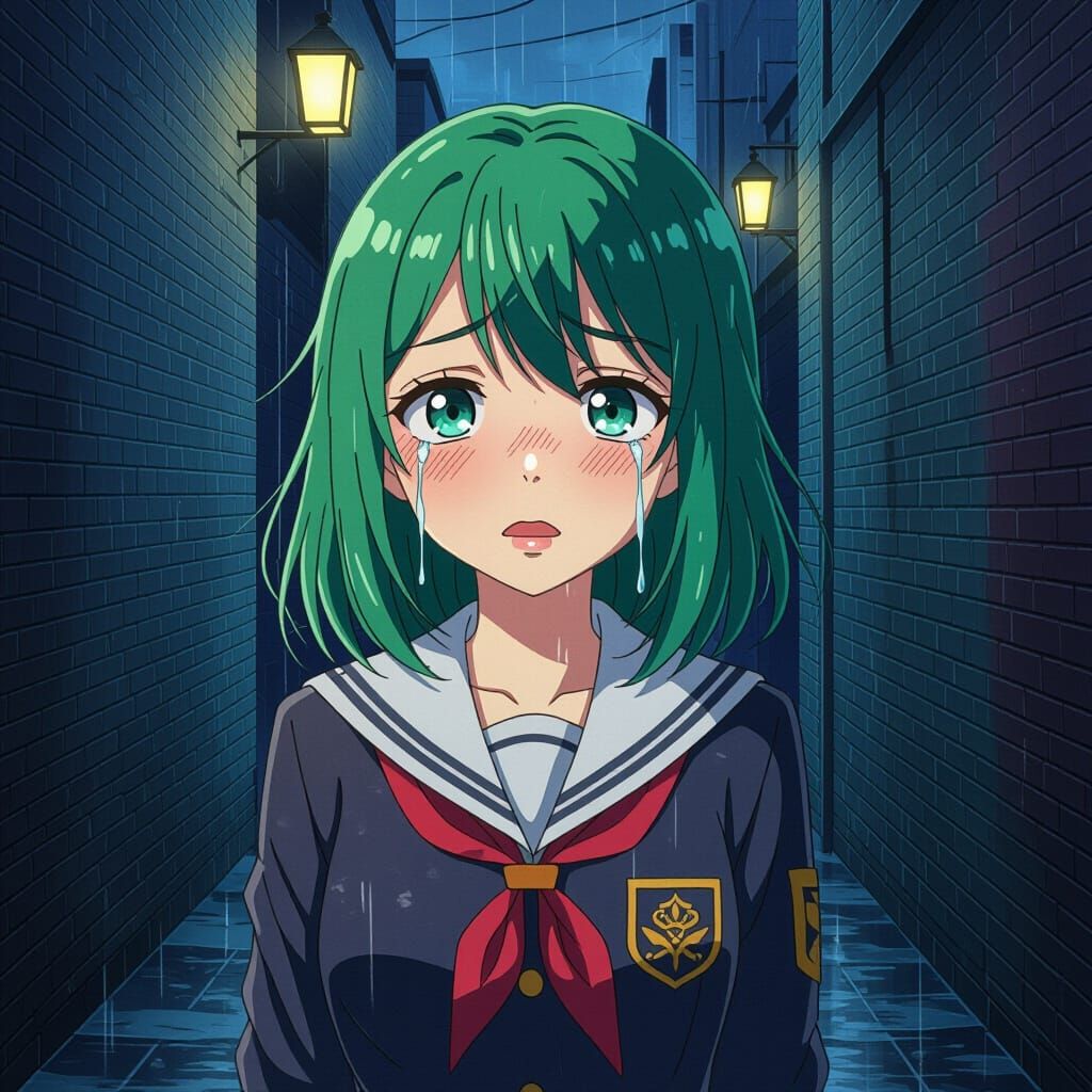 Anime Girl Crying in Rainy Alleyway, Digital Art