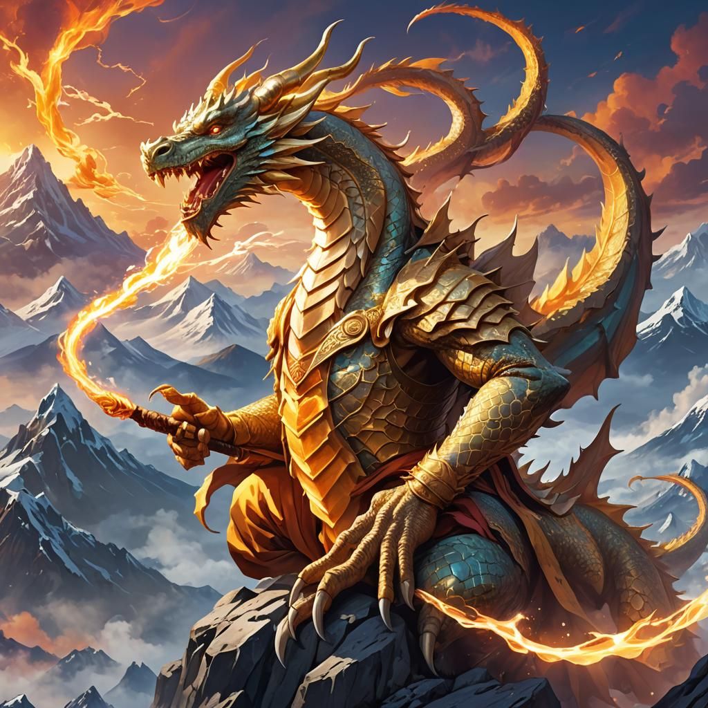Mighty Monk Dragon on Mountain Peak in Anime Style