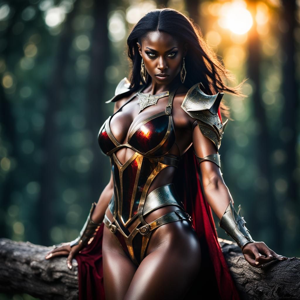 Seductive Dark Elf in Sunlit Forest: Professional Photograph...