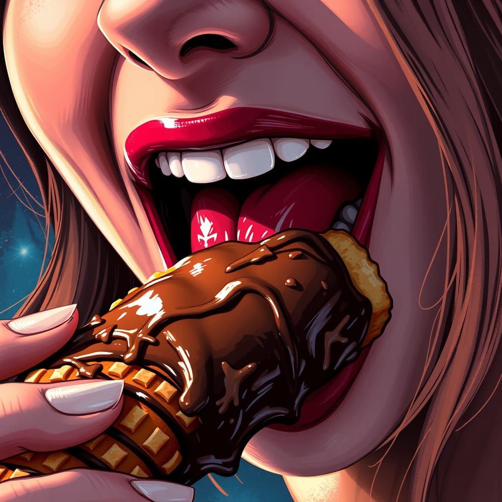 Woman Bites Churro in Marvel Comic Style