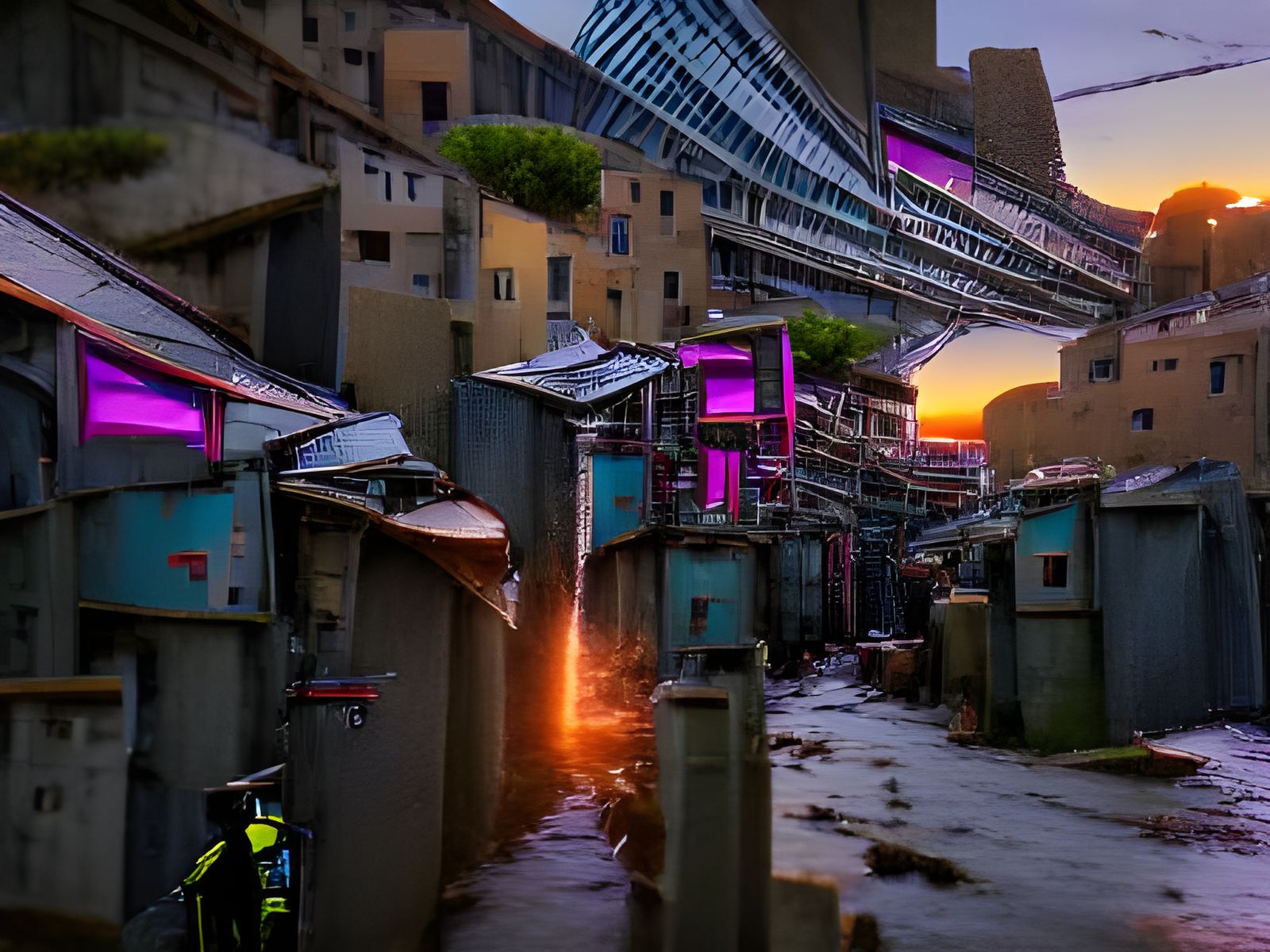 Cyberpunk Slum Alley at Sunset in 8K
