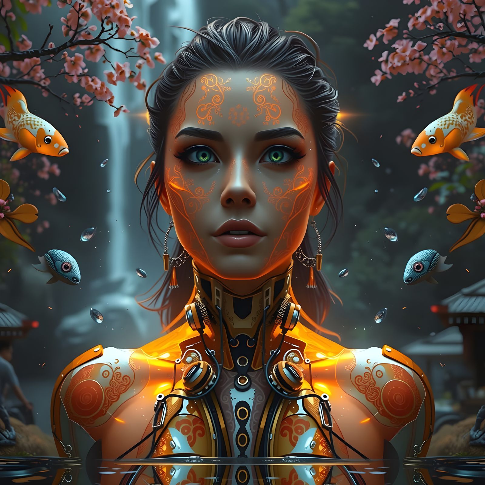 Cyborg Waterfall Double Exposure in Surreal Style