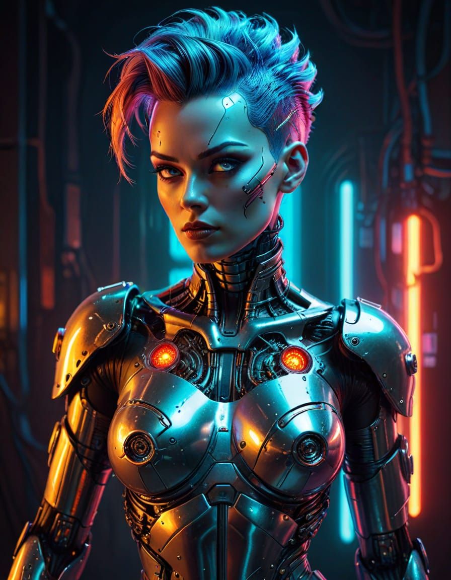 Cyberpunk Android Pin-Up Art with Neon Lights