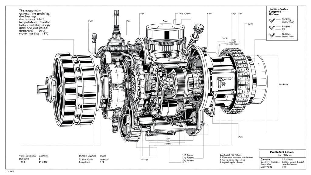 Intricate Line Drawing of a Complex Mechanical Device