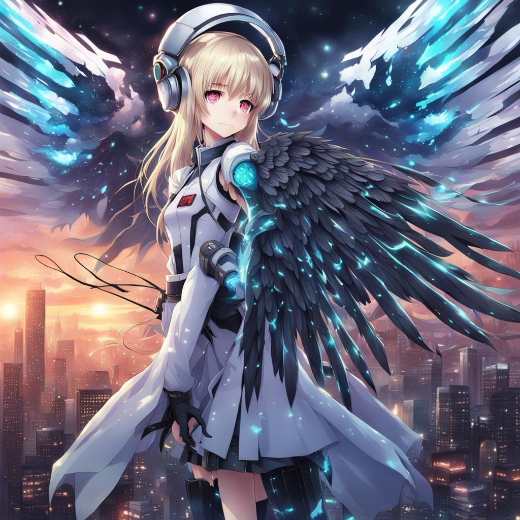 Girl with Cyber Wings in Anime Style