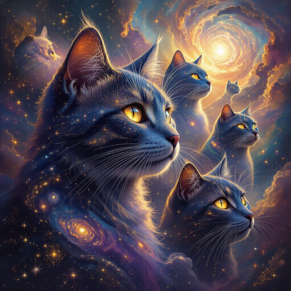 Cosmic Cats Made of Stardust in Surreal Vista