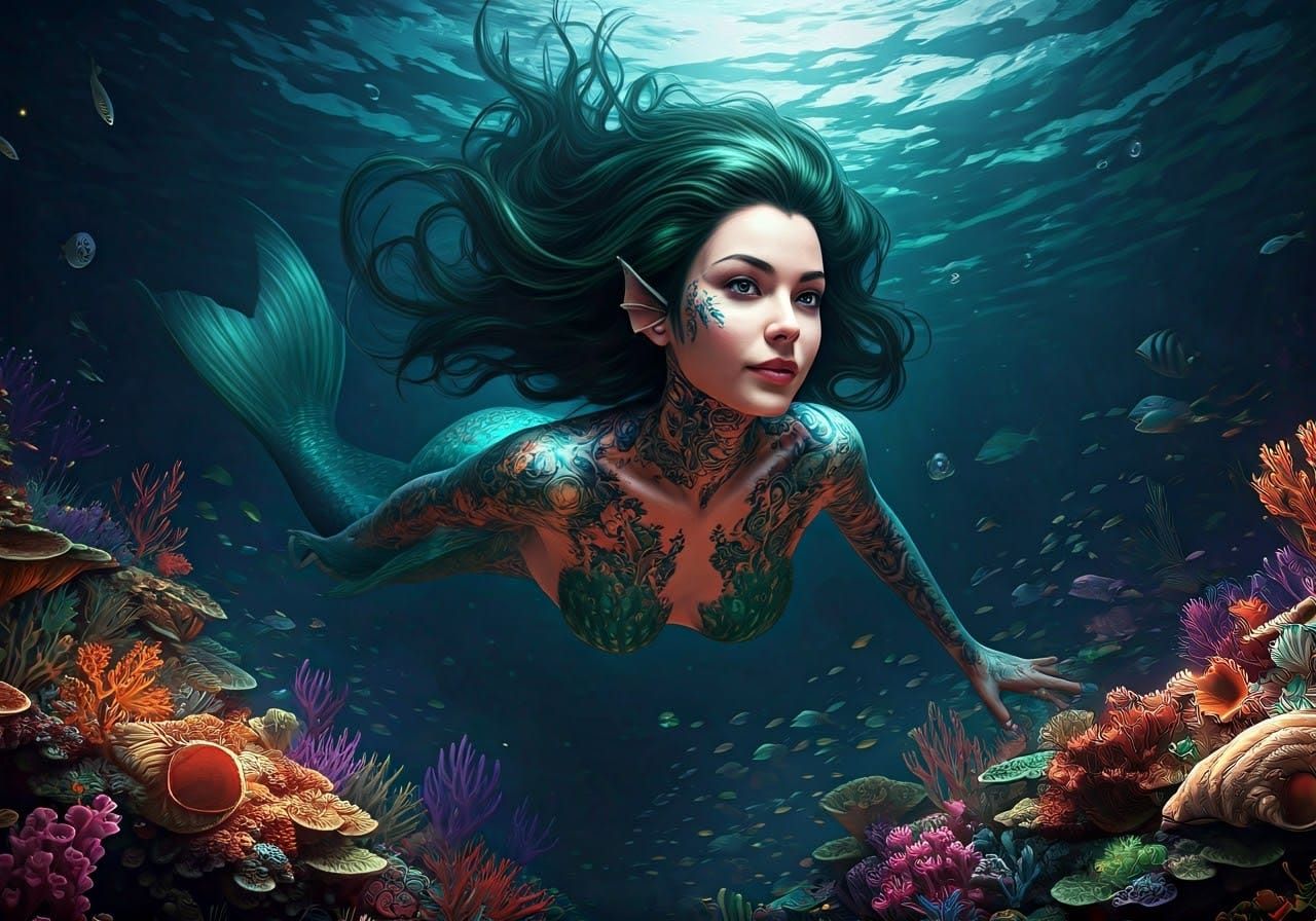 Tattooed Mermaid in Shimmering Reef: Fantasy Art