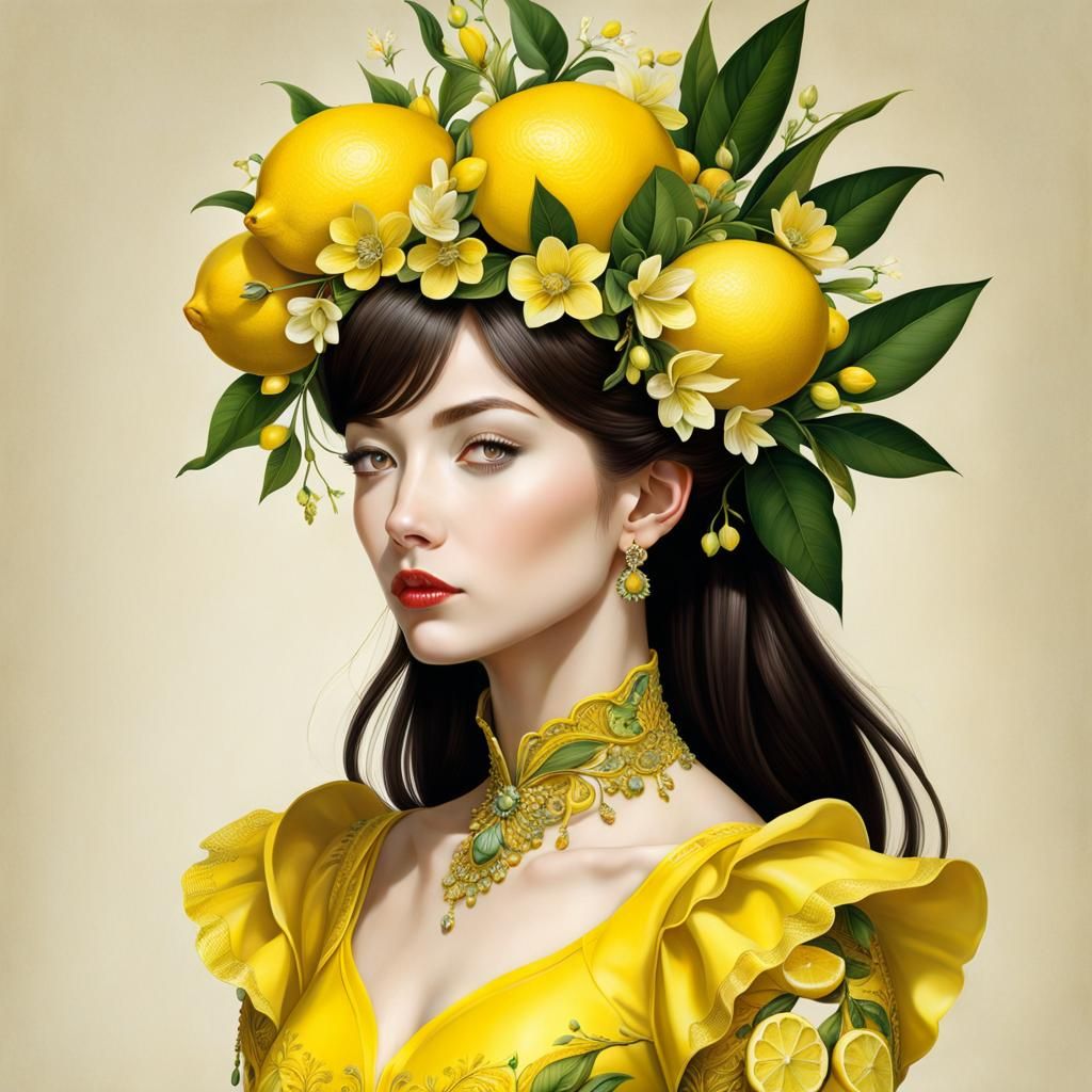 Lemon Adorned Woman: Botanical Art Portrait