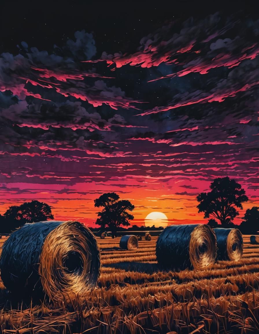 Sunset Hay Bales in Vaporwave Ink Painting