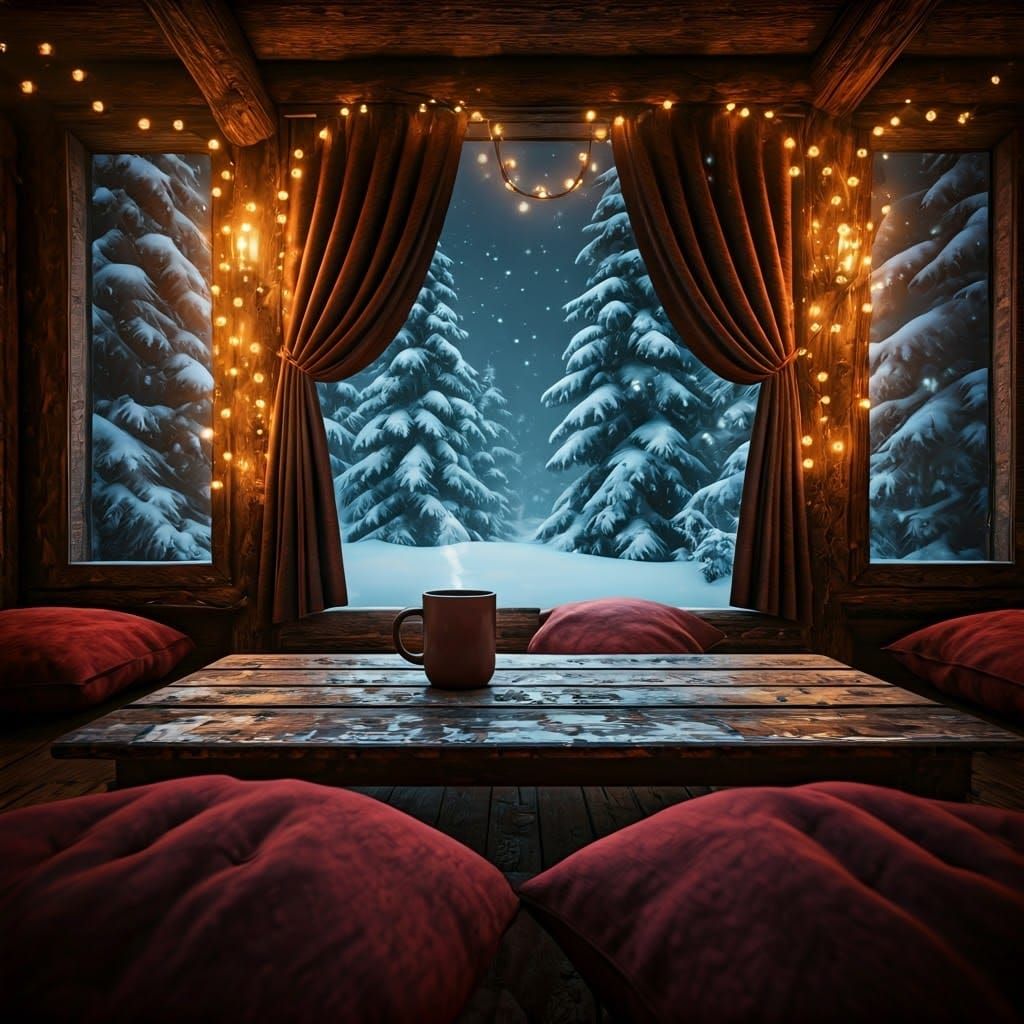 Cozy Winter Wonderland Cabin Scene with Hot Cocoa