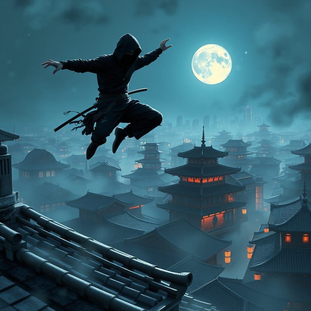 Ninja Leaping Through Neon Cityscape in Splash Art Style