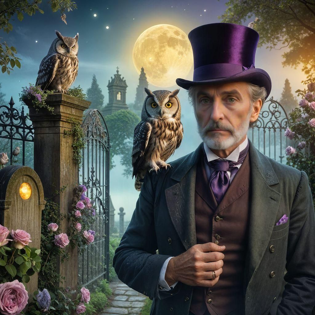 English Gentleman with Owl in Cemetery