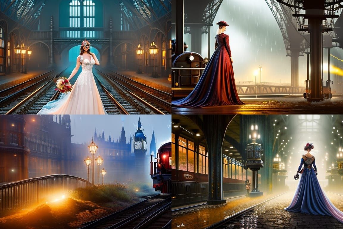 Steampunk Bride Running for Train: Digital Art