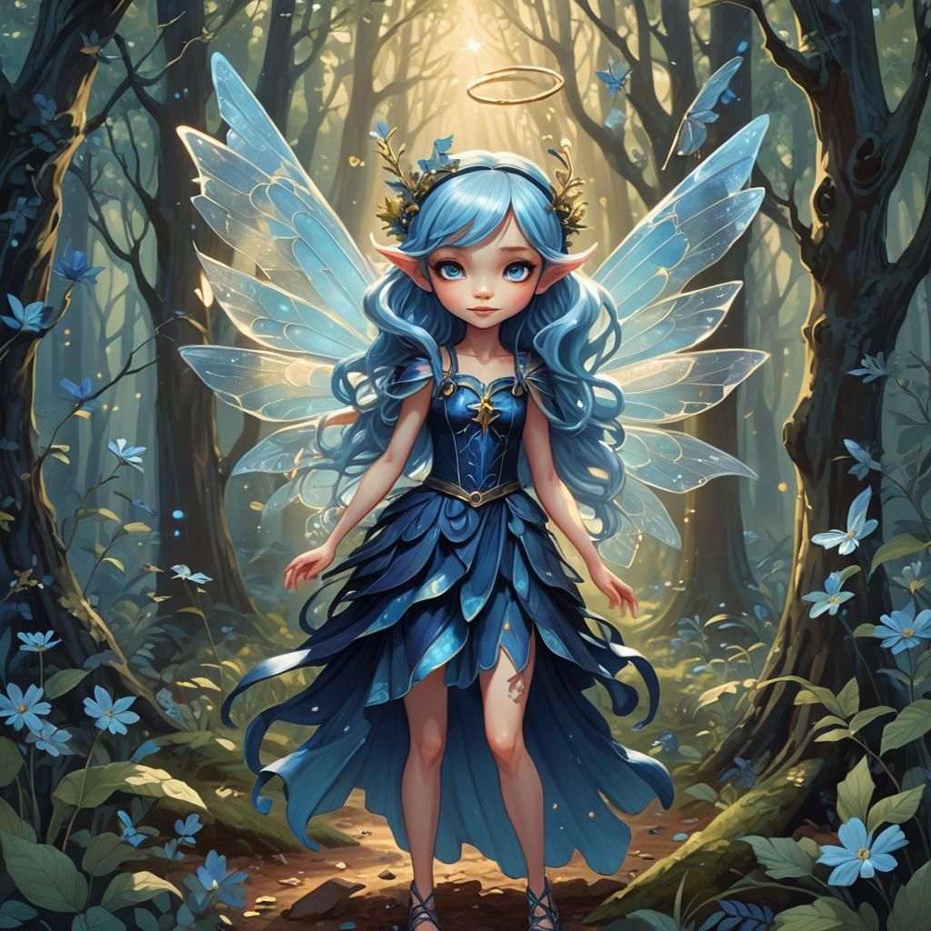 Blue Pixie Fairy in Whimsical Forest, Anime Style
