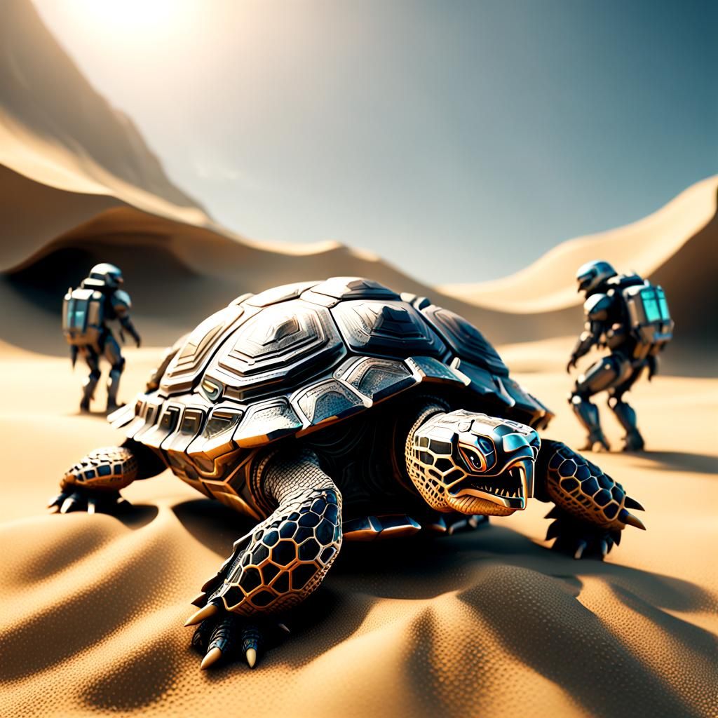 Futuristic Turtle and Kids Playing in Sand
