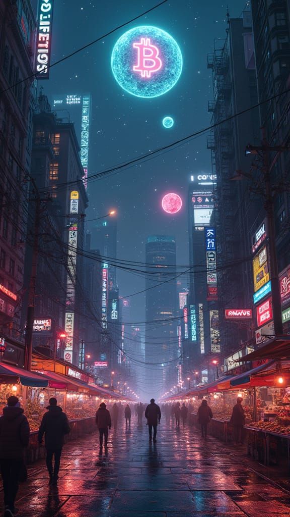 Cyberpunk Cityscape with Cryptocurrency and NFT Art