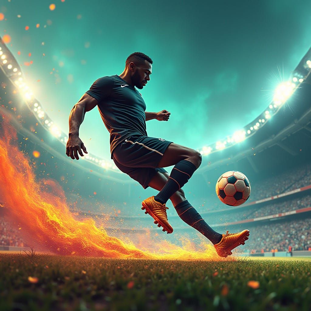 Sleek Black Football Star Scores Thrilling Outfoot Shot Goal...