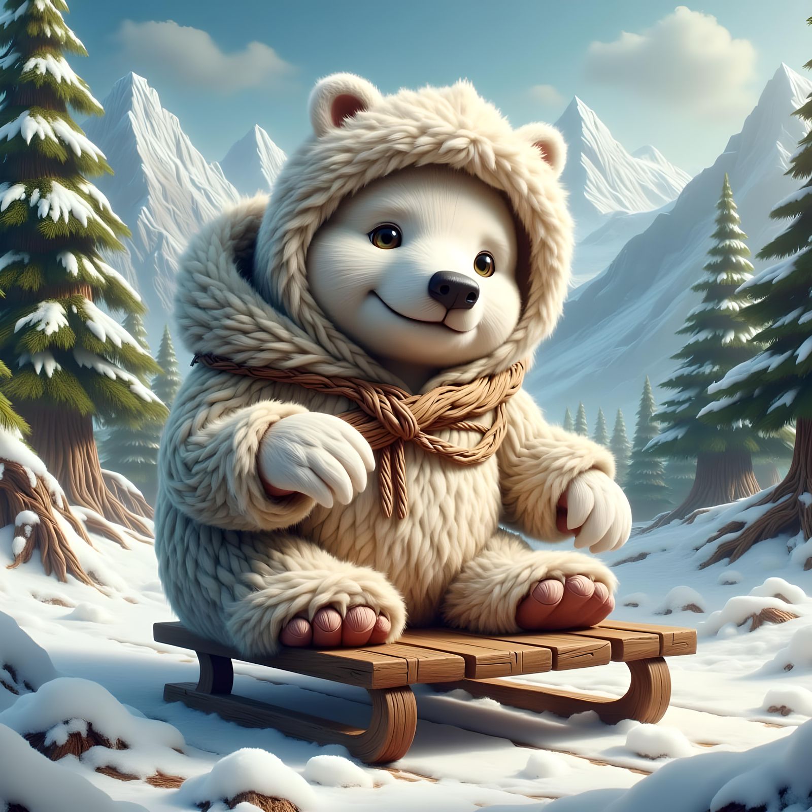 Baby Polar Bear on Sled, Cartoon Style