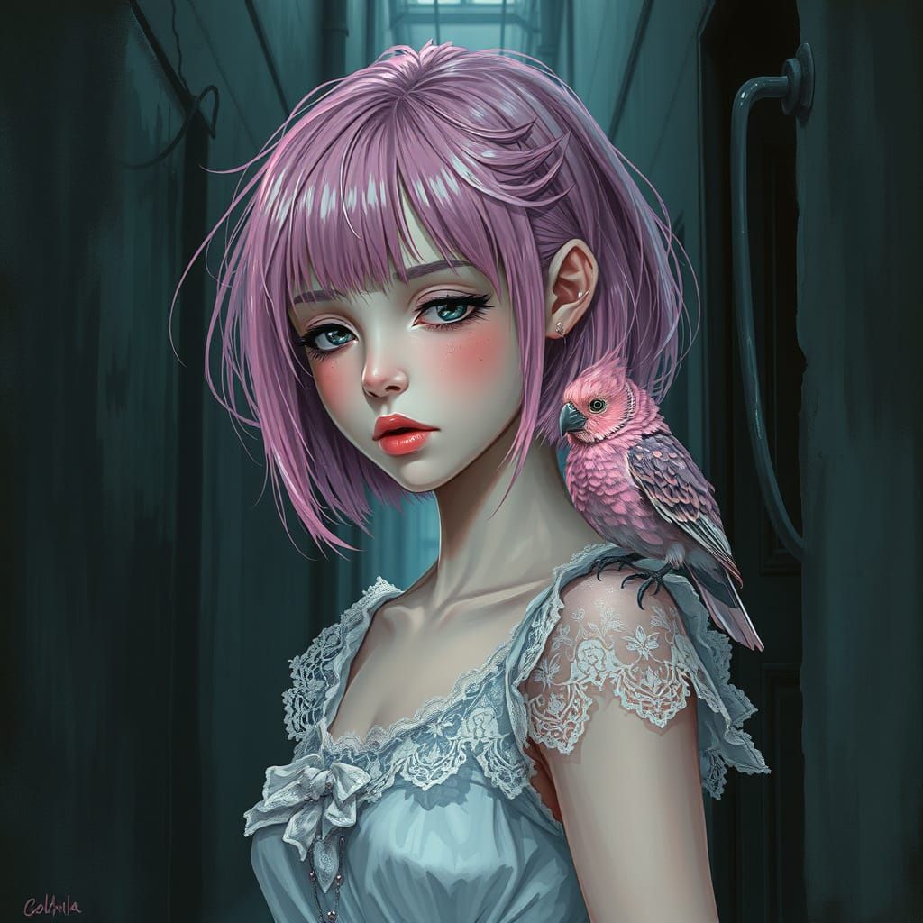 Girl with Pink Hair and Bird, Oil and Alcohol Ink