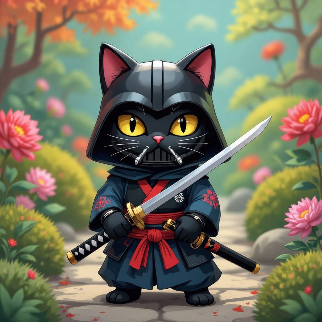 Ninja Cat in Japanese Garden: Pop Art Anime Fusion