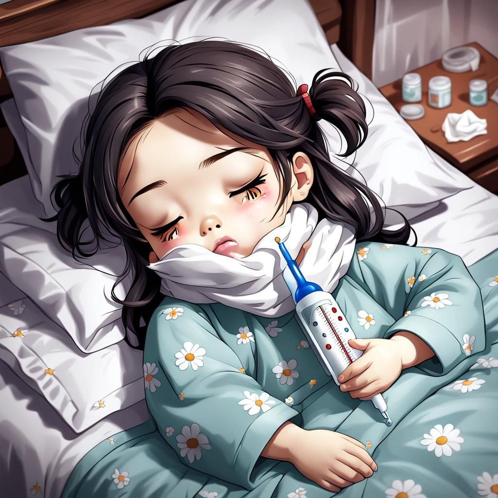 Sick Chibi Girl Asleep in Bed